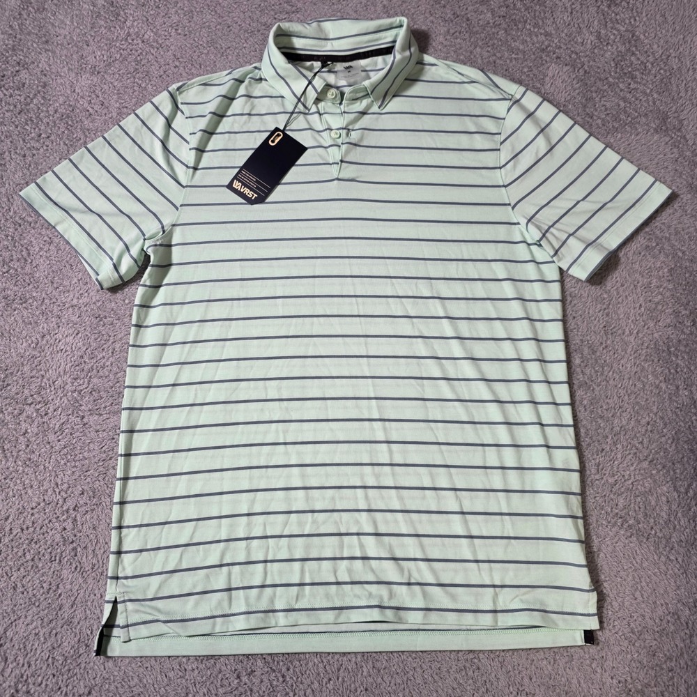 VRST Mens Medium Polo Shirt Mint Navy Striped Micro Feeder Performance Golf Top